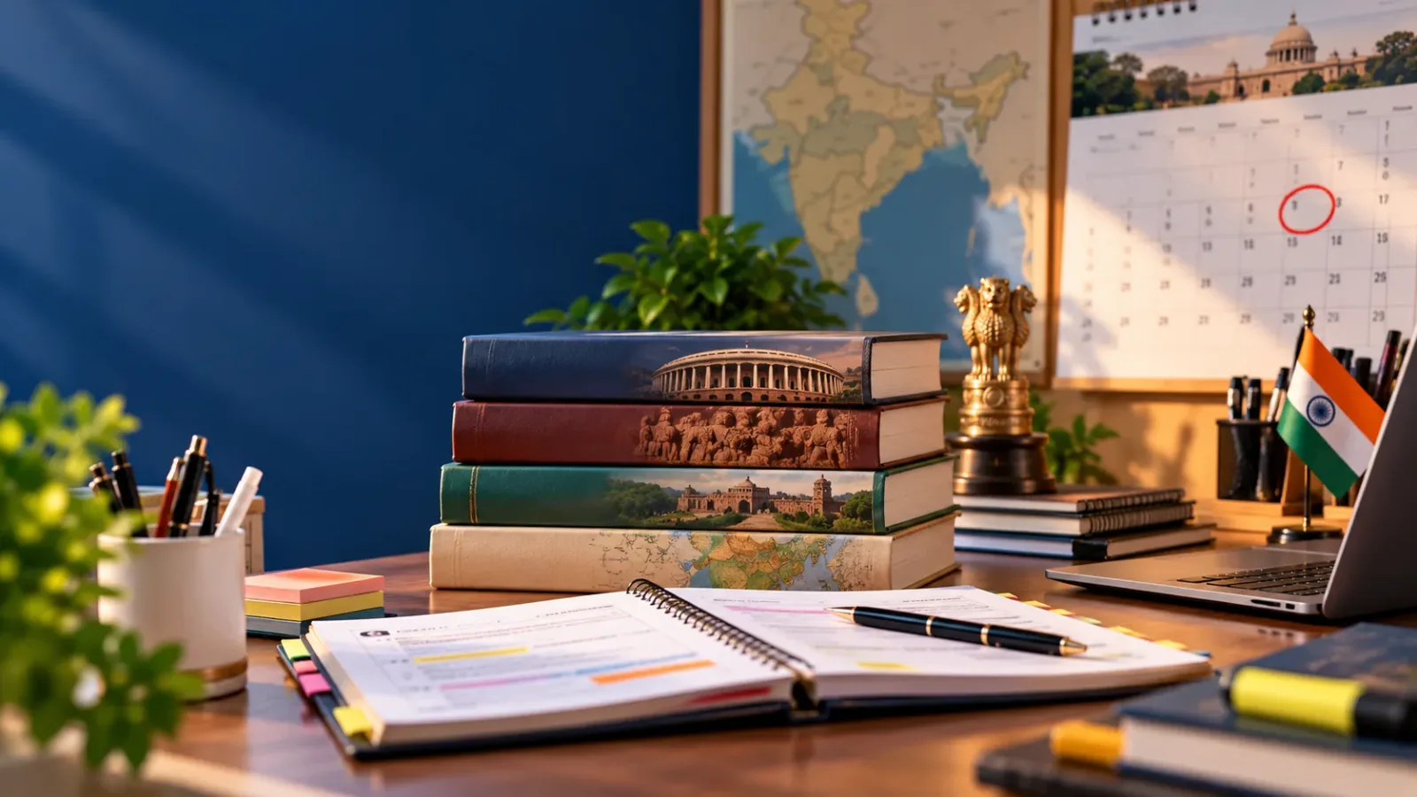 Civil services exam study desk with books, planner, Indian flag and a calendar