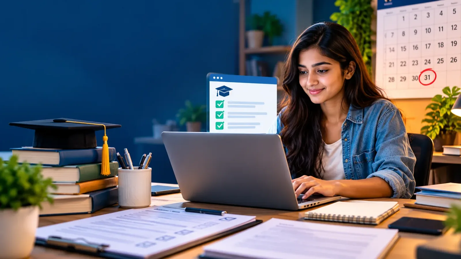 Indian college student checking scholarship application details and a calendar deadline on a laptop